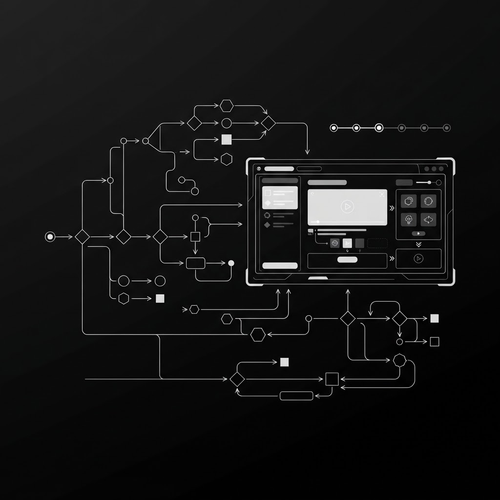 Abstract monochrome mockup of a scenario-based interactive eLearning course with a branching decision path.